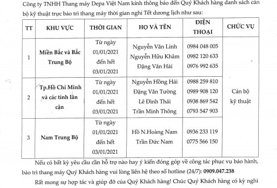 Depa Việt Nam thông báo lịch trực Tết Dương lịch 2021